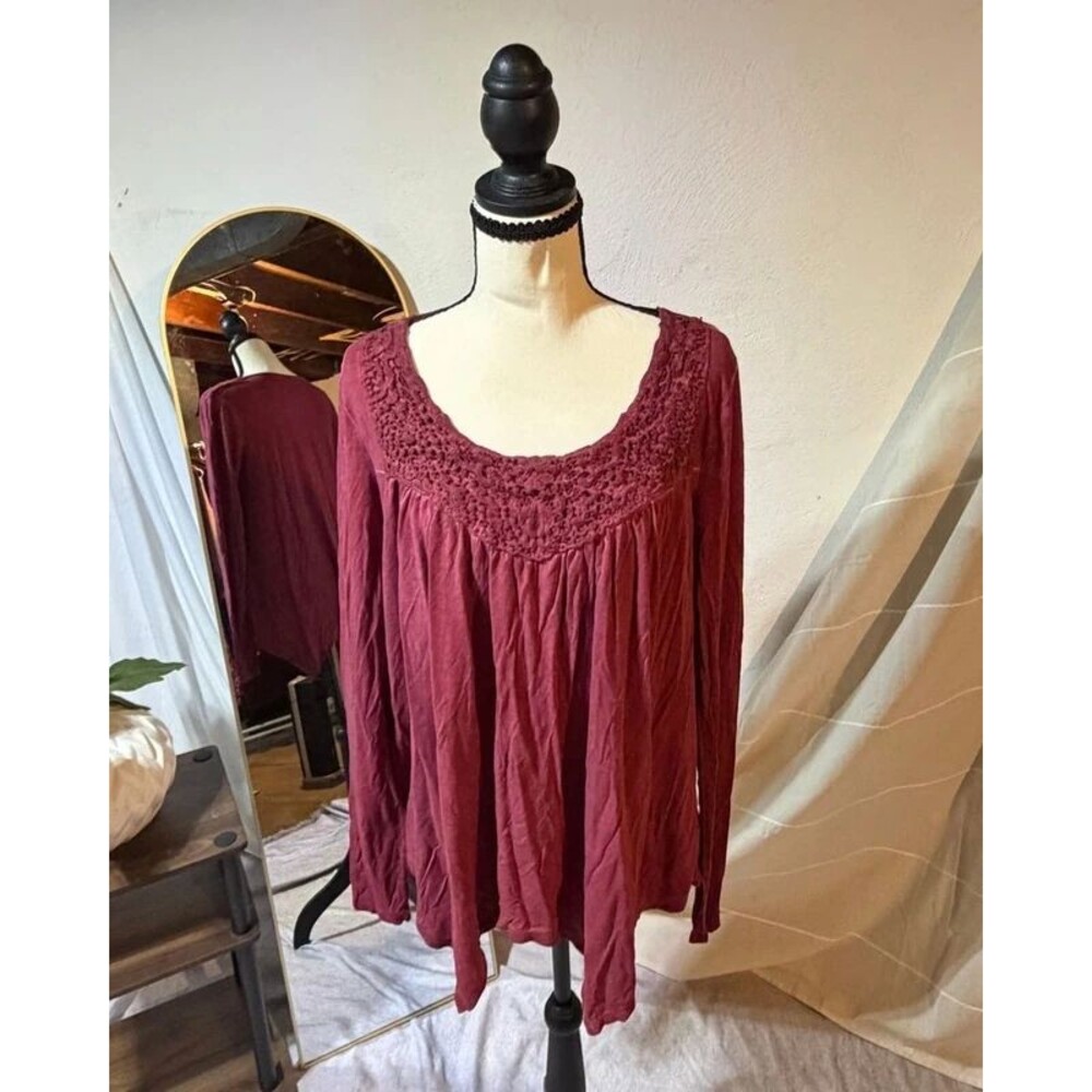 Knox Rose Burgundy Crochet Yoke Peasant Top Size XS Boho Flowy Blouse Wine